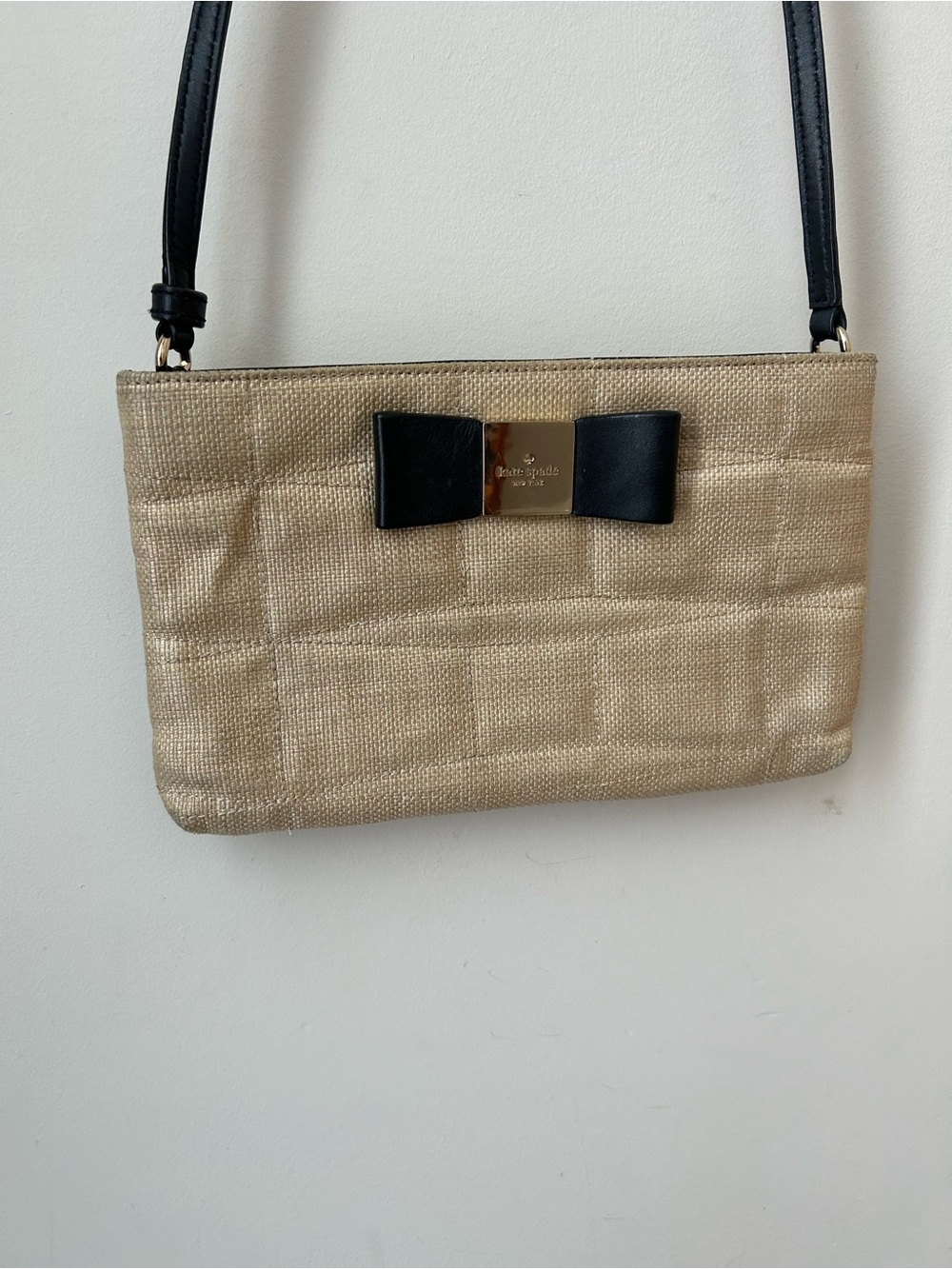 kate spade Metallic light Gold Crossbody with Black Bow Accent